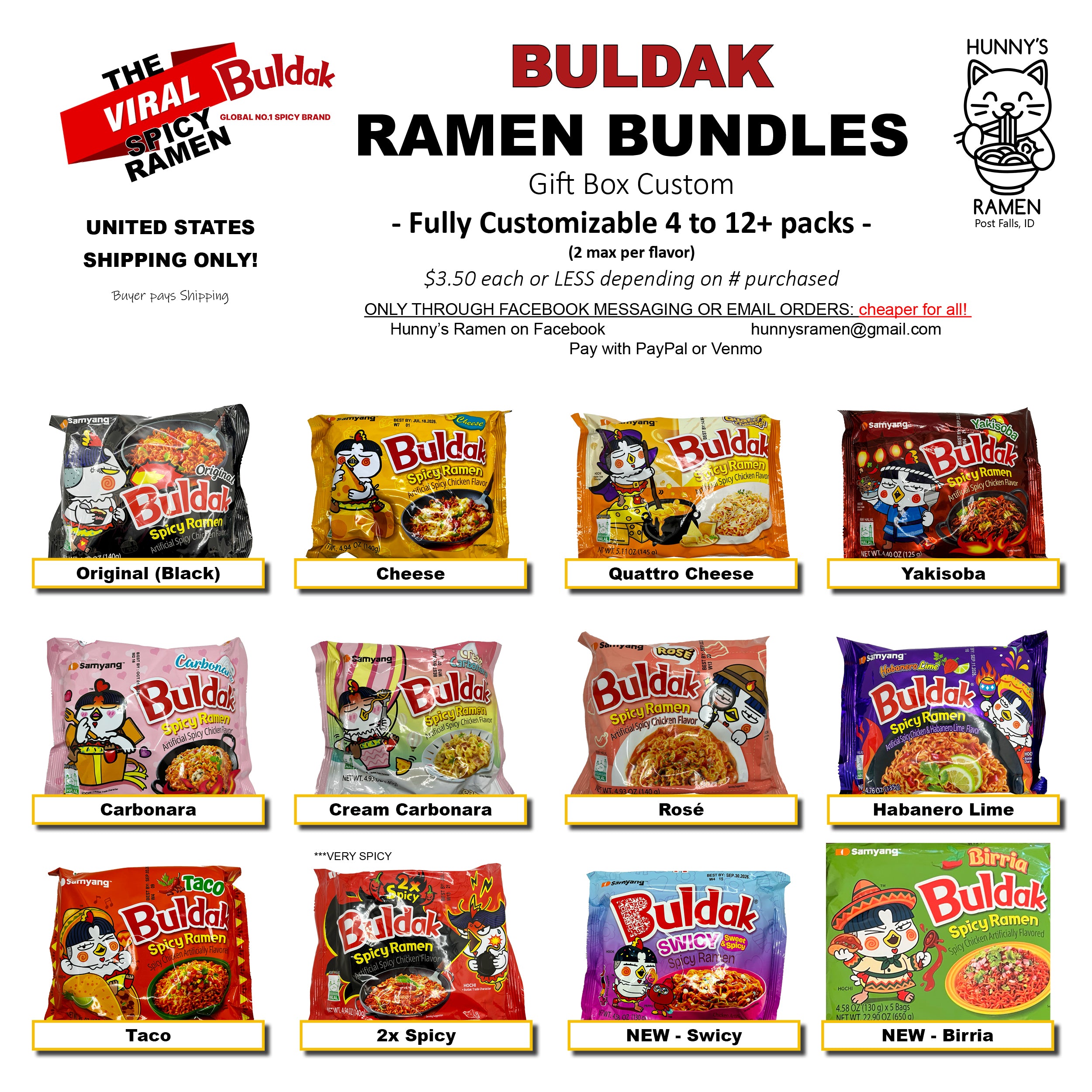 CUSTOM Buldak packs, 4 pack minimum, 2 flavor max, rares included!